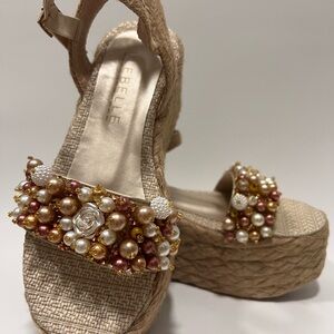 Beaded Wedge Sandals - Gold and Cream